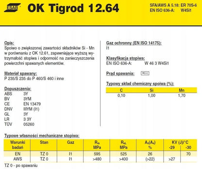 Pręt spawalniczy TIG ESAB OK Tigrod 12.64 fi 1.6 / 5 kg