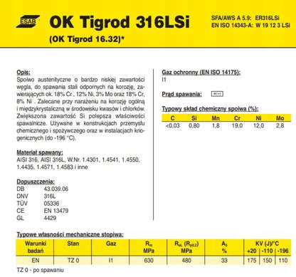 Pręt spawalniczy TIG ESAB OK Tigrod 316 LSi fi 3.2 / 5kg