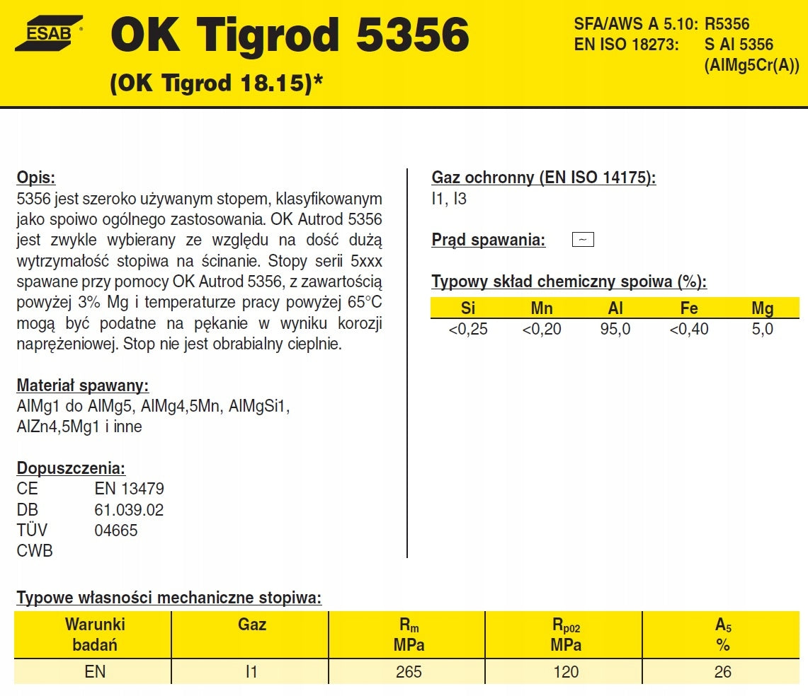 Pręt spawalniczy TIG ESAB OK Tigrod 5356 AlMg5 fi 2.4 / 2.5kg