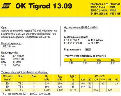 Pręt spawalniczy TIG ESAB OK Tigrod 13.09 fi 1.6 / 5 kg