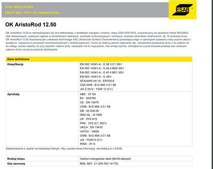 Drut spawalniczy MIG/MAG ESAB OK AristoRod 12.50 fi 1.2 / 18kg